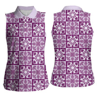 Poni Palaka Quilt Hawaii Women Sleeveless Polo Shirt Hawaiian Tropical Monstera Sea Turtle