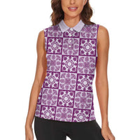 Poni Palaka Quilt Hawaii Women Sleeveless Polo Shirt Hawaiian Tropical Monstera Sea Turtle
