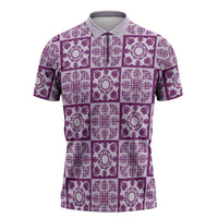 Poni Palaka Quilt Hawaii Zipper Polo Shirt Hawaiian Tropical Monstera Sea Turtle LT14 Purple - Polynesian Pride