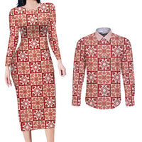 Ulaula Palaka Quilt Hawaii Couples Matching Long Sleeve Bodycon Dress and Long Sleeve Button Shirt Hawaiian Tropical Monstera Sea Turtle