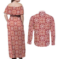 Ulaula Palaka Quilt Hawaii Couples Matching Off Shoulder Maxi Dress and Long Sleeve Button Shirt Hawaiian Tropical Monstera Sea Turtle LT14 - Polynesian Pride