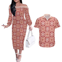 Ulaula Palaka Quilt Hawaii Couples Matching Off The Shoulder Long Sleeve Dress and Hawaiian Shirt Hawaiian Tropical Monstera Sea Turtle LT14 Red - Polynesian Pride