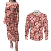 Ulaula Palaka Quilt Hawaii Couples Matching Puletasi and Long Sleeve Button Shirt Hawaiian Tropical Monstera Sea Turtle LT14 Red - Polynesian Pride