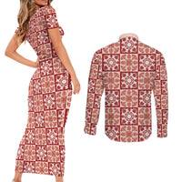 Ulaula Palaka Quilt Hawaii Couples Matching Short Sleeve Bodycon Dress and Long Sleeve Button Shirt Hawaiian Tropical Monstera Sea Turtle