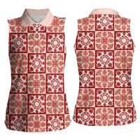 Ulaula Palaka Quilt Hawaii Women Sleeveless Polo Shirt Hawaiian Tropical Monstera Sea Turtle LT14 - Polynesian Pride