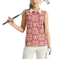 Ulaula Palaka Quilt Hawaii Women Sleeveless Polo Shirt Hawaiian Tropical Monstera Sea Turtle LT14 - Polynesian Pride
