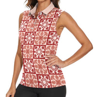 Ulaula Palaka Quilt Hawaii Women Sleeveless Polo Shirt Hawaiian Tropical Monstera Sea Turtle LT14 - Polynesian Pride