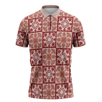 Ulaula Palaka Quilt Hawaii Zipper Polo Shirt Hawaiian Tropical Monstera Sea Turtle LT14 Red - Polynesian Pride