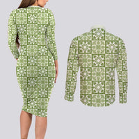 Omaomao Palaka Quilt Hawaii Couples Matching Long Sleeve Bodycon Dress and Long Sleeve Button Shirt Hawaiian Tropical Monstera Sea Turtle