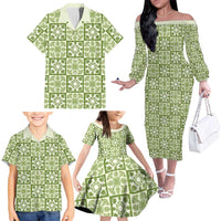Omaomao Palaka Quilt Hawaii Family Matching Off The Shoulder Long Sleeve Dress and Hawaiian Shirt Hawaiian Tropical Monstera Sea Turtle