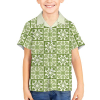 Omaomao Palaka Quilt Hawaii Family Matching Off Shoulder Short Dress and Hawaiian Shirt Hawaiian Tropical Monstera Sea Turtle LT14 Son's Shirt Green - Polynesian Pride