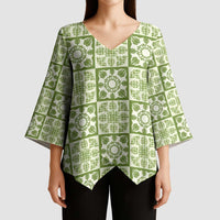 Omaomao Palaka Quilt Hawaii Kimono Sleeve Blouse Hawaiian Tropical Monstera Sea Turtle