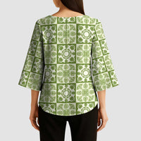 Omaomao Palaka Quilt Hawaii Kimono Sleeve Blouse Hawaiian Tropical Monstera Sea Turtle