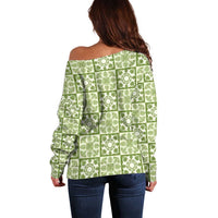 Omaomao Palaka Quilt Hawaii Off Shoulder Sweater Hawaiian Tropical Monstera Sea Turtle