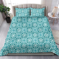 Cyan Palaka Quilt Hawaii Bedding Set Hawaiian Tropical Monstera Sea Turtle