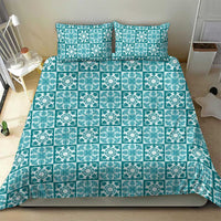 Cyan Palaka Quilt Hawaii Bedding Set Hawaiian Tropical Monstera Sea Turtle