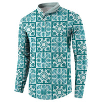 Cyan Palaka Quilt Hawaii Button Sweatshirt Hawaiian Tropical Monstera Sea Turtle