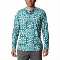 Cyan Palaka Quilt Hawaii Button Sweatshirt Hawaiian Tropical Monstera Sea Turtle