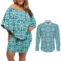 Cyan Palaka Quilt Hawaii Couples Matching Off Shoulder Short Dress and Long Sleeve Button Shirt Hawaiian Tropical Monstera Sea Turtle LT14 Cyan - Polynesian Pride