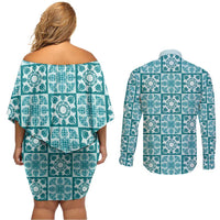 Cyan Palaka Quilt Hawaii Couples Matching Off Shoulder Short Dress and Long Sleeve Button Shirt Hawaiian Tropical Monstera Sea Turtle LT14 - Polynesian Pride