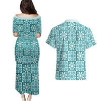 Cyan Palaka Quilt Hawaii Couples Matching Puletasi and Hawaiian Shirt Hawaiian Tropical Monstera Sea Turtle LT14 - Polynesian Pride