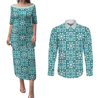 Cyan Palaka Quilt Hawaii Couples Matching Puletasi and Long Sleeve Button Shirt Hawaiian Tropical Monstera Sea Turtle LT14 Cyan - Polynesian Pride