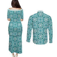Cyan Palaka Quilt Hawaii Couples Matching Puletasi and Long Sleeve Button Shirt Hawaiian Tropical Monstera Sea Turtle LT14 - Polynesian Pride