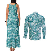 Cyan Palaka Quilt Hawaii Couples Matching Tank Maxi Dress and Long Sleeve Button Shirt Hawaiian Tropical Monstera Sea Turtle LT14 - Polynesian Pride