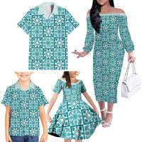 Cyan Palaka Quilt Hawaii Family Matching Off The Shoulder Long Sleeve Dress and Hawaiian Shirt Hawaiian Tropical Monstera Sea Turtle