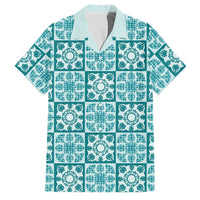 Cyan Palaka Quilt Hawaii Family Matching Off The Shoulder Long Sleeve Dress and Hawaiian Shirt Hawaiian Tropical Monstera Sea Turtle