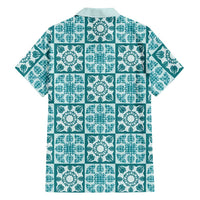 Cyan Palaka Quilt Hawaii Family Matching Off Shoulder Short Dress and Hawaiian Shirt Hawaiian Tropical Monstera Sea Turtle LT14 - Polynesian Pride