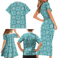 Cyan Palaka Quilt Hawaii Family Matching Short Sleeve Bodycon Dress and Hawaiian Shirt Hawaiian Tropical Monstera Sea Turtle