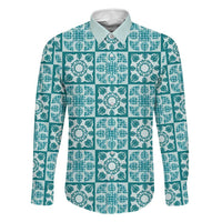 Cyan Palaka Quilt Hawaii Family Matching Summer Maxi Dress and Hawaiian Shirt Hawaiian Tropical Monstera Sea Turtle LT14 Dad's Shirt - Long Sleeve Cyan - Polynesian Pride