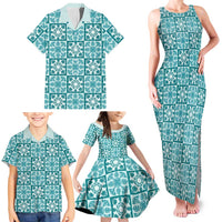Cyan Palaka Quilt Hawaii Family Matching Tank Maxi Dress and Hawaiian Shirt Hawaiian Tropical Monstera Sea Turtle