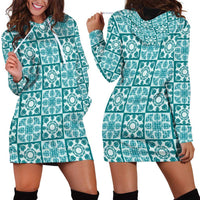 Cyan Palaka Quilt Hawaii Hoodie Dress Hawaiian Tropical Monstera Sea Turtle LT14 - Polynesian Pride