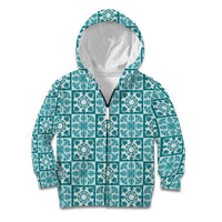 Cyan Palaka Quilt Hawaii Kid Hoodie Hawaiian Tropical Monstera Sea Turtle LT14 Zip Hoodie Cyan - Polynesian Pride