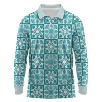 Cyan Palaka Quilt Hawaii Long Sleeve Polo Shirt Hawaiian Tropical Monstera Sea Turtle LT14 Cyan - Polynesian Pride