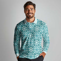 Cyan Palaka Quilt Hawaii Long Sleeve Polo Shirt Hawaiian Tropical Monstera Sea Turtle LT14 - Polynesian Pride