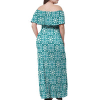 Cyan Palaka Quilt Hawaii Off Shoulder Maxi Dress Hawaiian Tropical Monstera Sea Turtle LT14 - Polynesian Pride