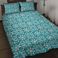 Cyan Palaka Quilt Hawaii Quilt Bed Set Hawaiian Tropical Monstera Sea Turtle