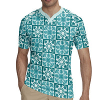 Cyan Palaka Quilt Hawaii Rugby Jersey Hawaiian Tropical Monstera Sea Turtle