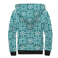 Cyan Palaka Quilt Hawaii Sherpa Hoodie Hawaiian Tropical Monstera Sea Turtle