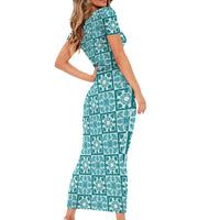 Cyan Palaka Quilt Hawaii Short Sleeve Bodycon Dress Hawaiian Tropical Monstera Sea Turtle LT14 - Polynesian Pride