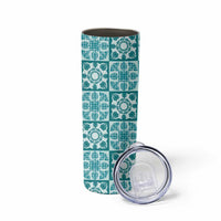 Cyan Palaka Quilt Hawaii Skinny Tumbler Hawaiian Tropical Monstera Sea Turtle LT14 - Polynesian Pride