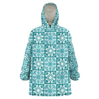 Cyan Palaka Quilt Hawaii Wearable Blanket Hoodie Hawaiian Tropical Monstera Sea Turtle