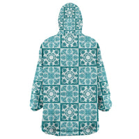 Cyan Palaka Quilt Hawaii Wearable Blanket Hoodie Hawaiian Tropical Monstera Sea Turtle