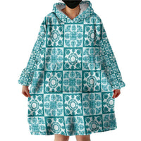Cyan Palaka Quilt Hawaii Wearable Blanket Hoodie Hawaiian Tropical Monstera Sea Turtle
