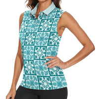 Cyan Palaka Quilt Hawaii Women Sleeveless Polo Shirt Hawaiian Tropical Monstera Sea Turtle