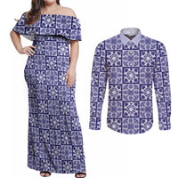 Polu Palaka Quilt Hawaii Couples Matching Off Shoulder Maxi Dress and Long Sleeve Button Shirt Hawaiian Tropical Monstera Sea Turtle LT14 Blue - Polynesian Pride
