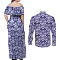 Polu Palaka Quilt Hawaii Couples Matching Off Shoulder Maxi Dress and Long Sleeve Button Shirt Hawaiian Tropical Monstera Sea Turtle LT14 - Polynesian Pride